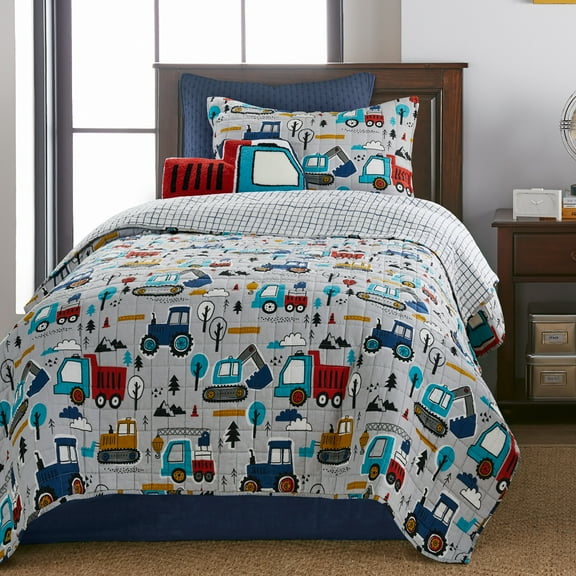 Levtex Home - Mod Trucks Quilt Set - Kids Twin/Twin XL Quilt and One Standard Sham - Trucks - Grey, Navy, Red, Yellow and Teal - Quilt (66x86in.) and Sham (20x26in.) - Reversible - Cotton