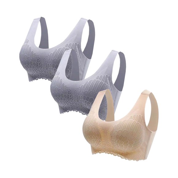 Lot de 3 Soutiens-Gorge de Sport pour Femmes Motif Dentelle Solide Soutien-Gorge Collant Décontracté Sans Armatures Respirant Doux Soutien-Gorge d'Allaitement Élégant Ajusté (2Gris+blé, 2TG)
