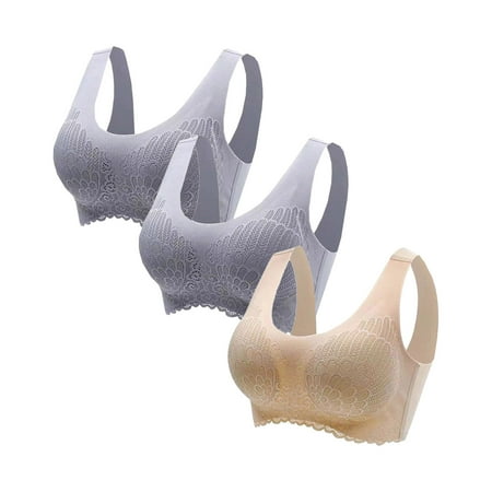 

DroolingDog Woman s Large Size Bras Lightweight Wirefree Lace Non-marking Sports Bra 3PC (2 Grey + 1 Skin)