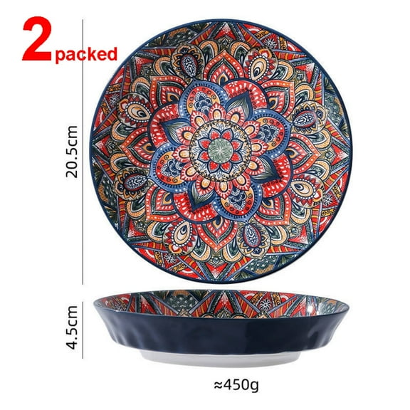 Boho 8-Inch Deep Plate Set of 2, Colorful Ceramic Plates for Kitchen