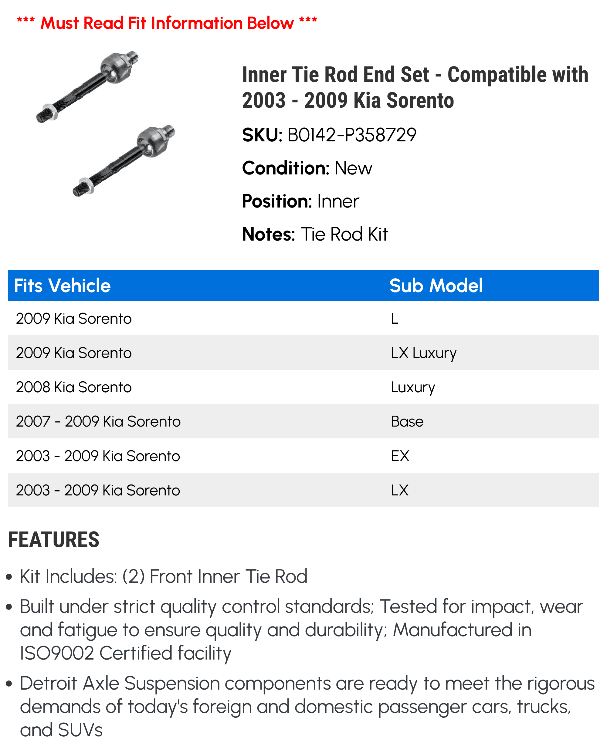 Inner Tie Rod End Set - Compatible with 2003 - 2009 Kia Sorento 2004 2005 2006 2007 2008