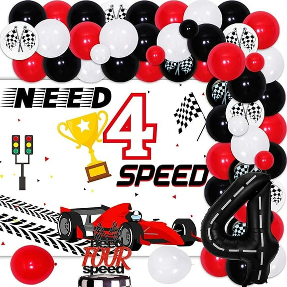 Need Four Speed Birthday Party Decorations, Racing Car 4th Birthday, Red Black Balloons Arch Garland Kit with Need 4 Speed Backdrop Cake Topper for Boy Race Car 4 Year Old Party Supplies