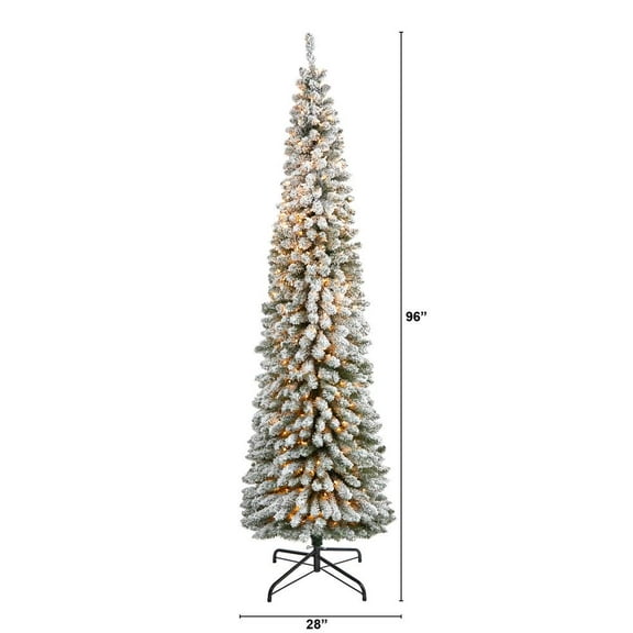 Nearly Natural 8ft. Flocked Pencil Artificial Christmas Tree with 500 Clear Lights and 646 Bendable Branches