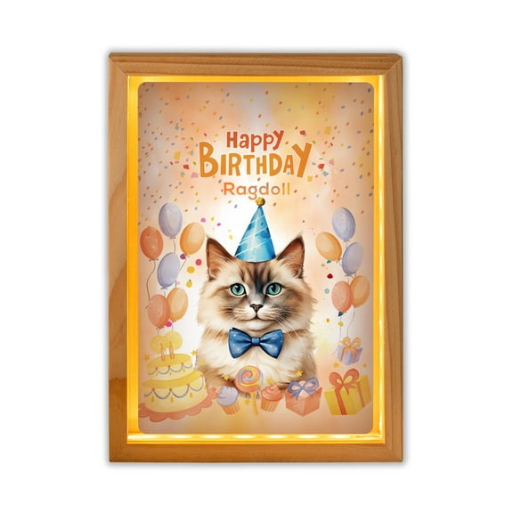 Watercolor Ragdoll Happy Birthday Celebration Balloons Gift Party Acrylic Plaque with Wood Photo Frame Box Cat Lover Kitten Owner Gifts Idea Light Box - 00028