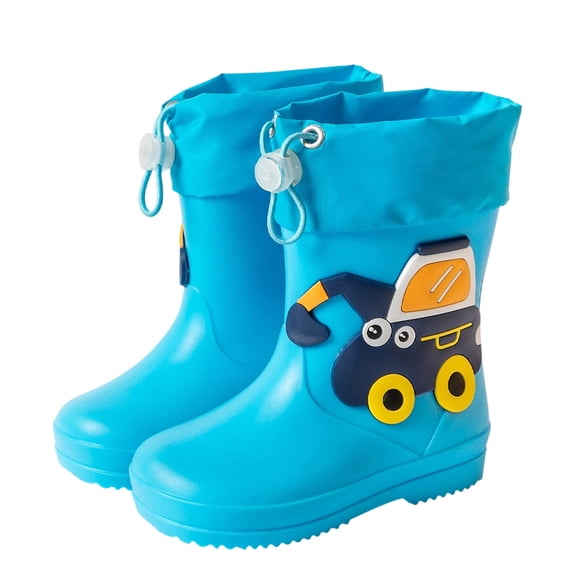 Gpaecead Kids Excavator Print Rain Boots For 18 Months-9 Years Pvc Waterproof Non Slip Mid Calf Shoes For Boys Girls, Blue
