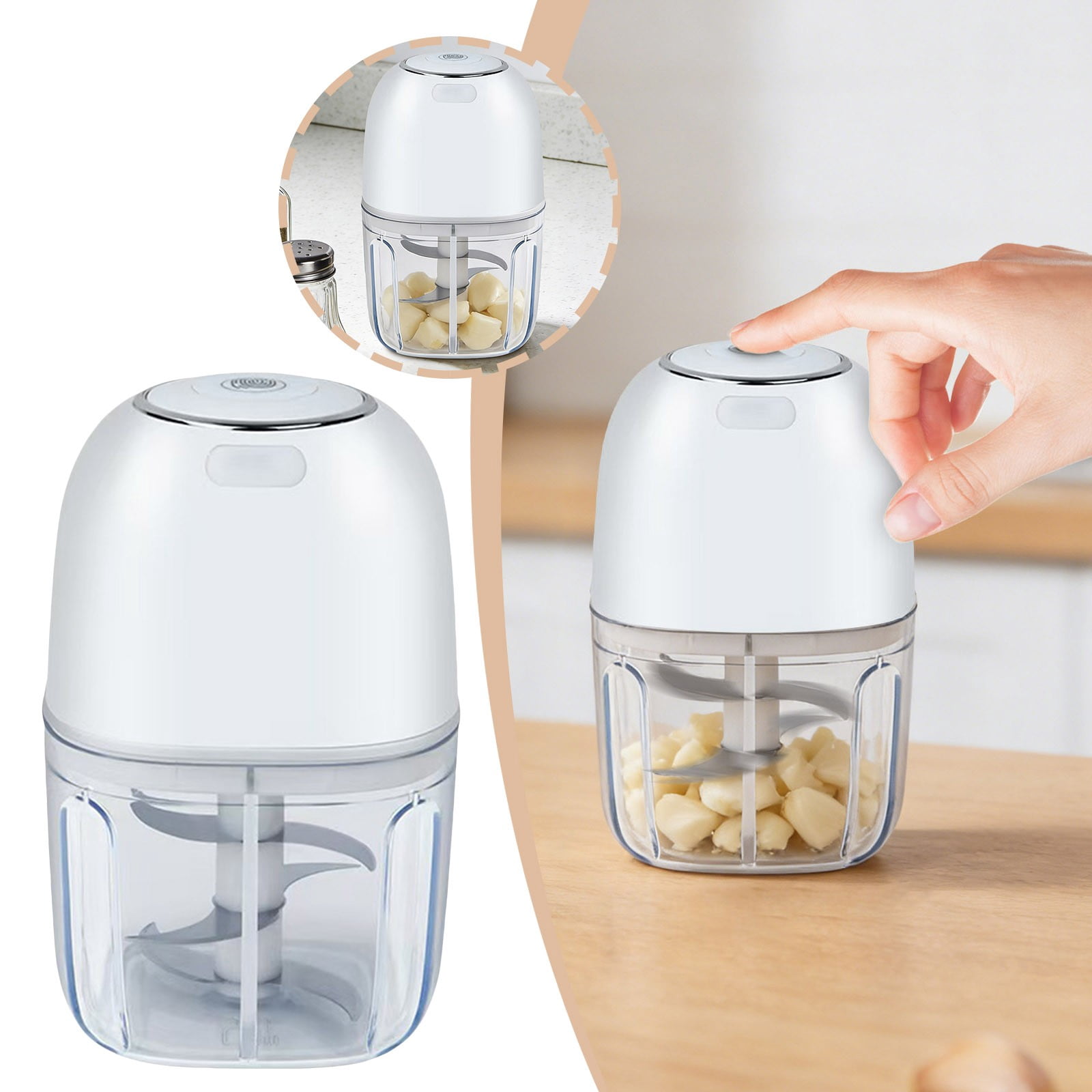 VMWMSSR High-Efficiency Garlic Chopper Electric, Easy Clean Mini 350Ml Food Processor, One-Touch Design Stainless Steel Blade Food Grinder For Kitchen, Camping & Travel Use White-14cm
