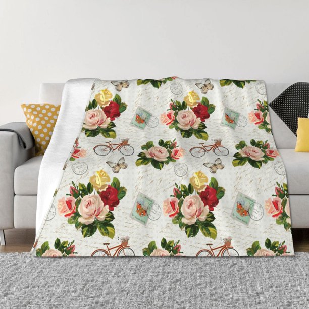 Balery Vintage Bike Flower Butterfly Manta de Franela con Dibujo, Lujo Ultra Suave y Cálido, Antipelusa y Resistente a las Arrugas para Cama, Sofá, Camping -60"x50"
