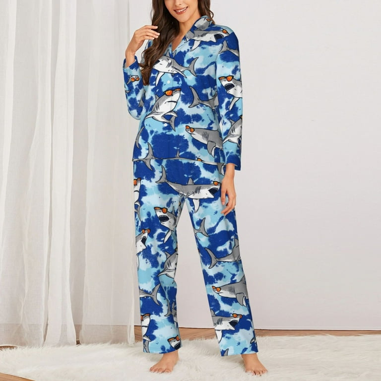 Spectacled Great White Shark Pajamas for Women Set Comfy Long Sleeve Button Shirt and Pajama Pants Pjs Sets for Women 2 Piece Soft Sleepwear Ladies Pj Lounge Sets with Pockets Walmart