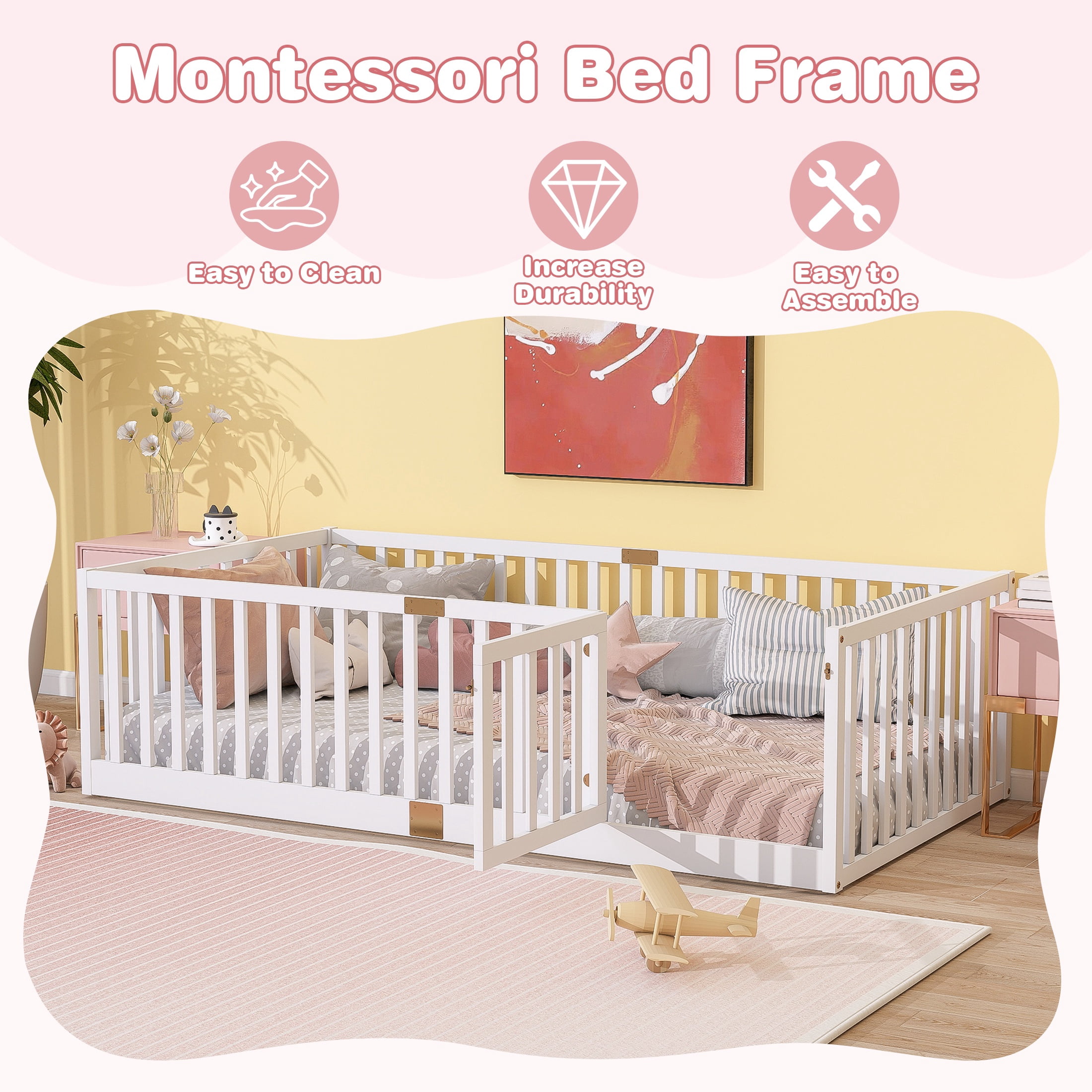 Sesslife Twin Size Floor Bed with High Fence & Door, Wood Twin Bed Frame with Salts and 21.5” Safety Guardrails, Twin Floor Bed for Boys Girls, No Box Spring Needed, White