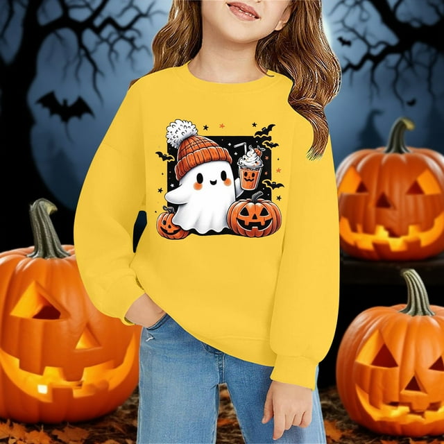 Chandail à Col Rond à Manches Longues pour Enfants, Décontracté et Tendance, Imprimé 2D d'Halloween, Jaune