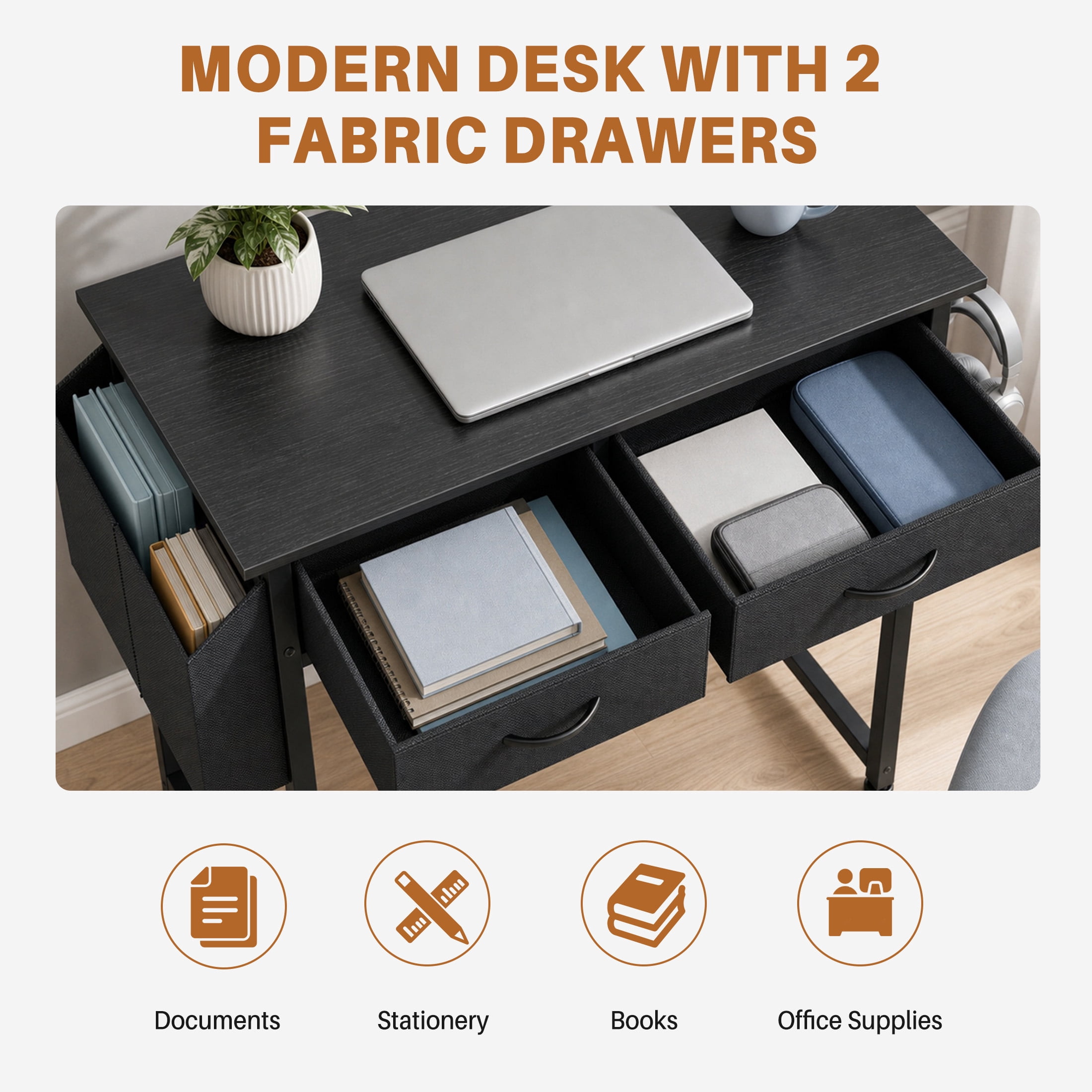 edx Small Desk with Drawers Storage Bag Iron Hook, 32 Inch Computer Desk Modern Gaming Writing Desk Study Table for Home Office, Black