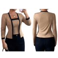 thumbnail image 2 of Women'S Contrast Colorblock Cardigan Vest Two-Piece Set Long Sleeve Cropped Cardigan Striped Shawl Khaki L, 2 of 7