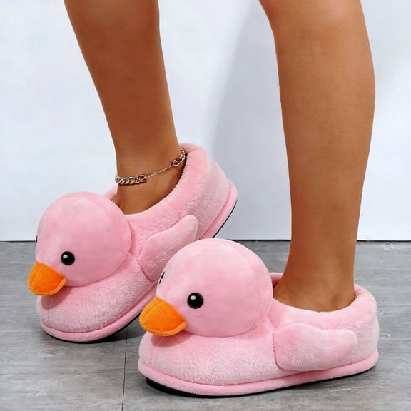 3D Duck Fuzzy Slippers for Women Warm Plush Cartoon Animals Comfortable Non Slip Indoor Footwear