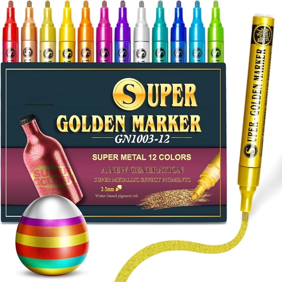 Acrylic Paint Markers, 12 Colors Metallic Glitter Pens for Paper Glass Wood Fabric Rock Painting, 1-Pack