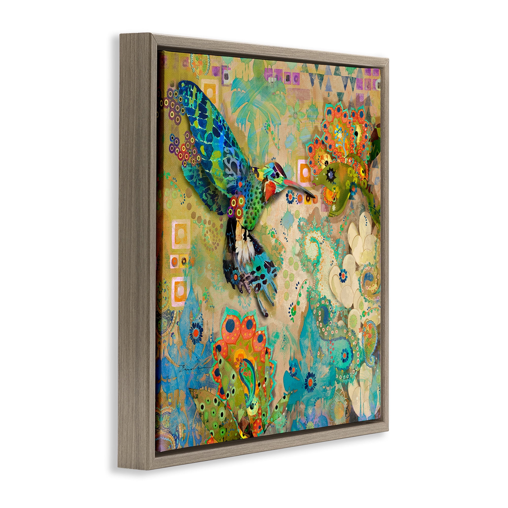 Stupell Industries Boho Hummingbird Pattern Animals & Insects Painting Brown Floater Framed Canvas Art Print Wall Art, 25 x 25