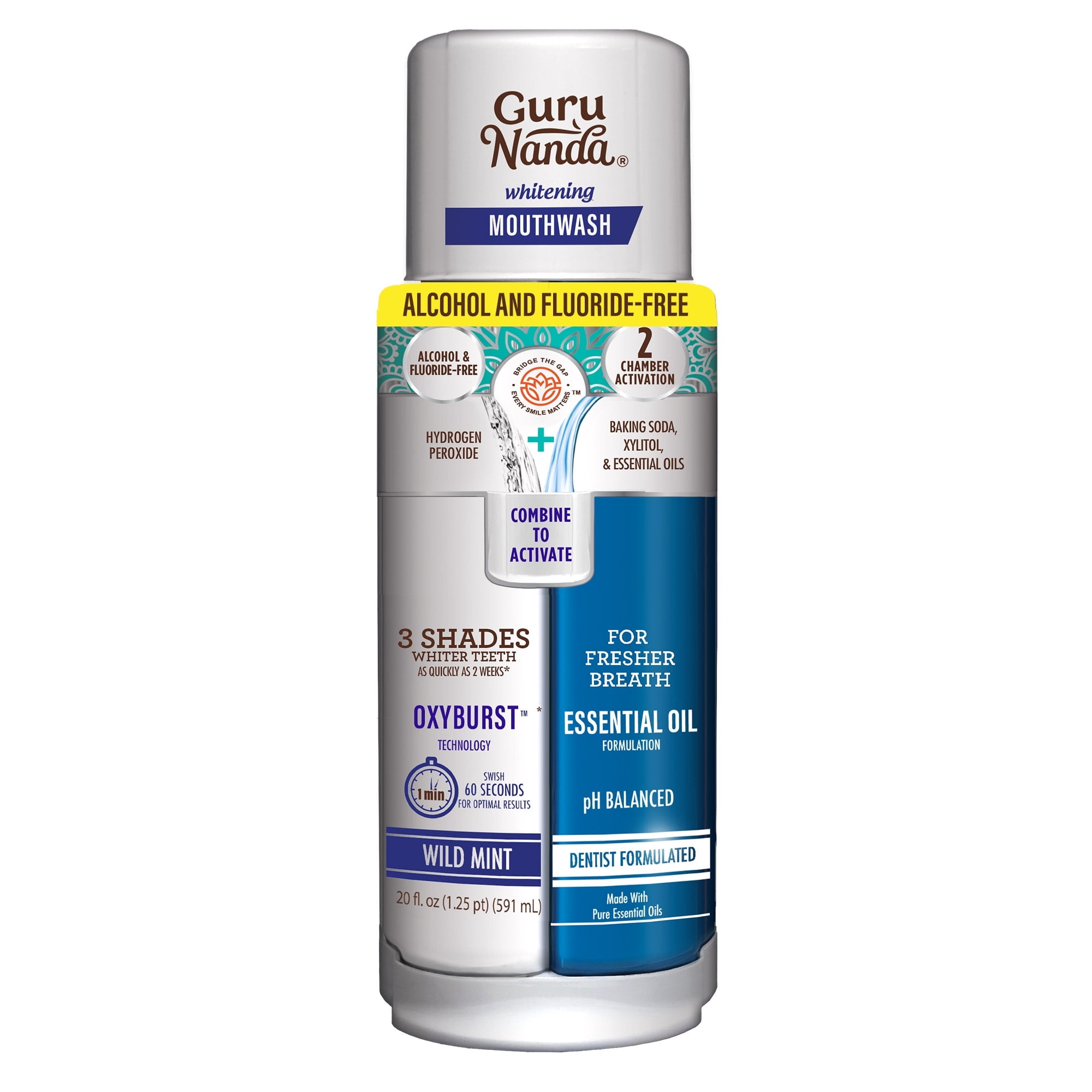 (3 pack) GuruNanda Teeth Whitening Dual Barrel Mouthwash- Alcohol Free & Fluoride Free, Wild Mint, 20 fl oz