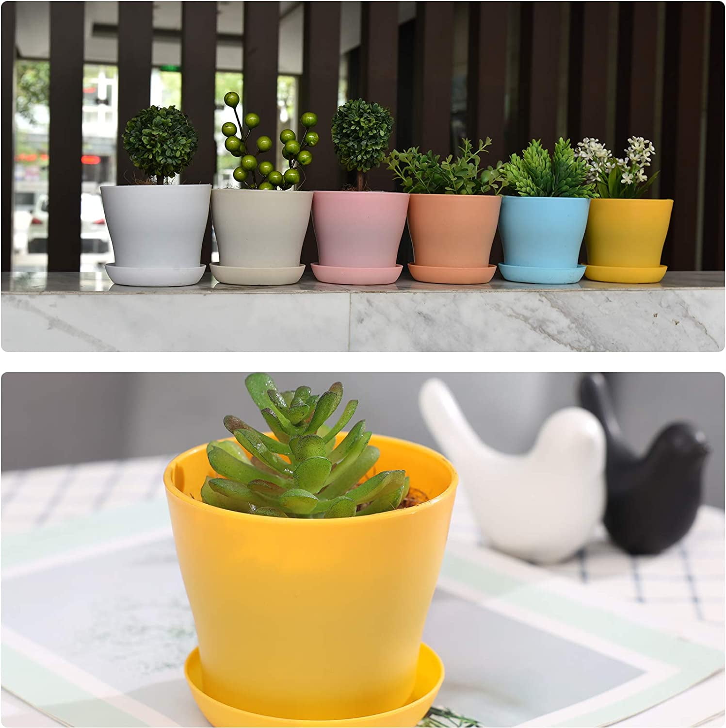 5.5" Plastic Plant Pots 8-Pack, Medium Flower Planter with Drainage Hole and Saucer, Classic Indoor Outdoor, Plant Pots for Orchid, Peace Lily, Spider Plant, Snake Plant and All House Plants