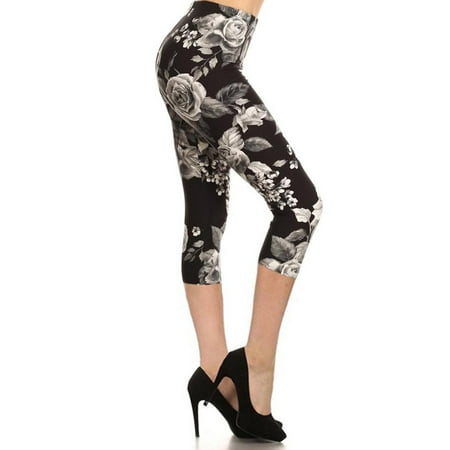 Niobe Clothing - Womens Plus Size Black White Rose Capri Leggings (One ...