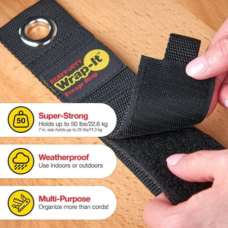 Wrap-It Storage - Heavy-Duty Straps, 10-inch (3-Pack)- Extension Cord Organizer, Cord Wrap Keeper, Cable Straps for Cords - Black