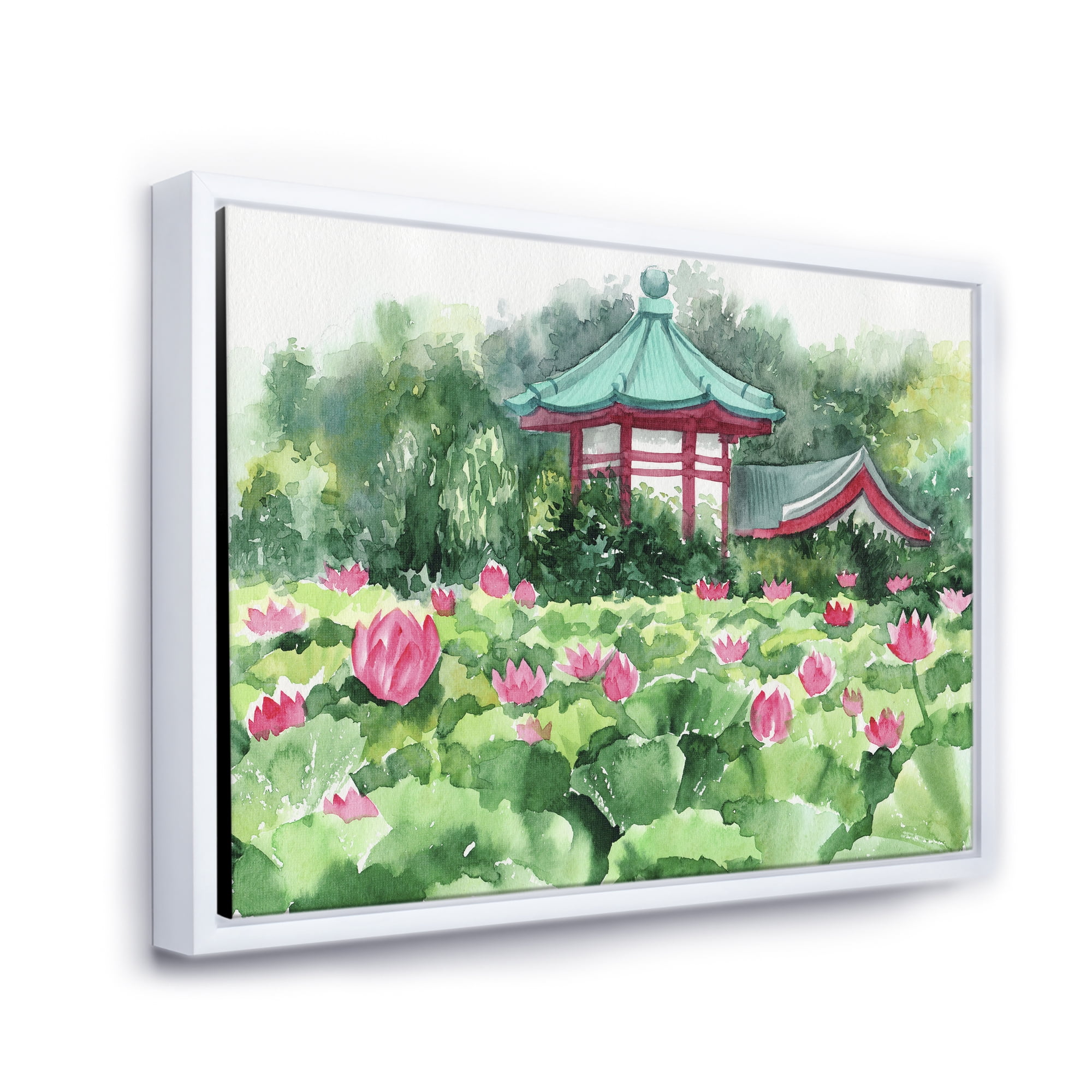 Designart 'Pagoda and Lotus Lake' Traditional Framed Canvas Wall Art Print