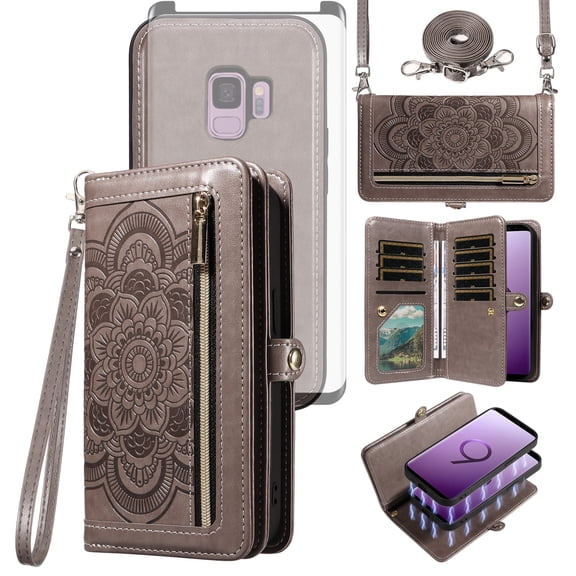 Asuwish Phone Case for Samsung Galaxy S9 Zipper Wallet Detachable Cell Cover with Tempered Glass Screen Protector Crossbody Lanyard Strap Flower Flip Card Holder Slot S 9 Edge 9S GS9 Women Girls Gray