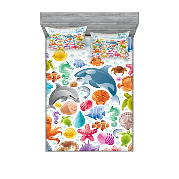 Ambesonne Cartoon Fitted Sheet & Pillow Sham Set, Ocean Fauna Design, Full, Multicolor