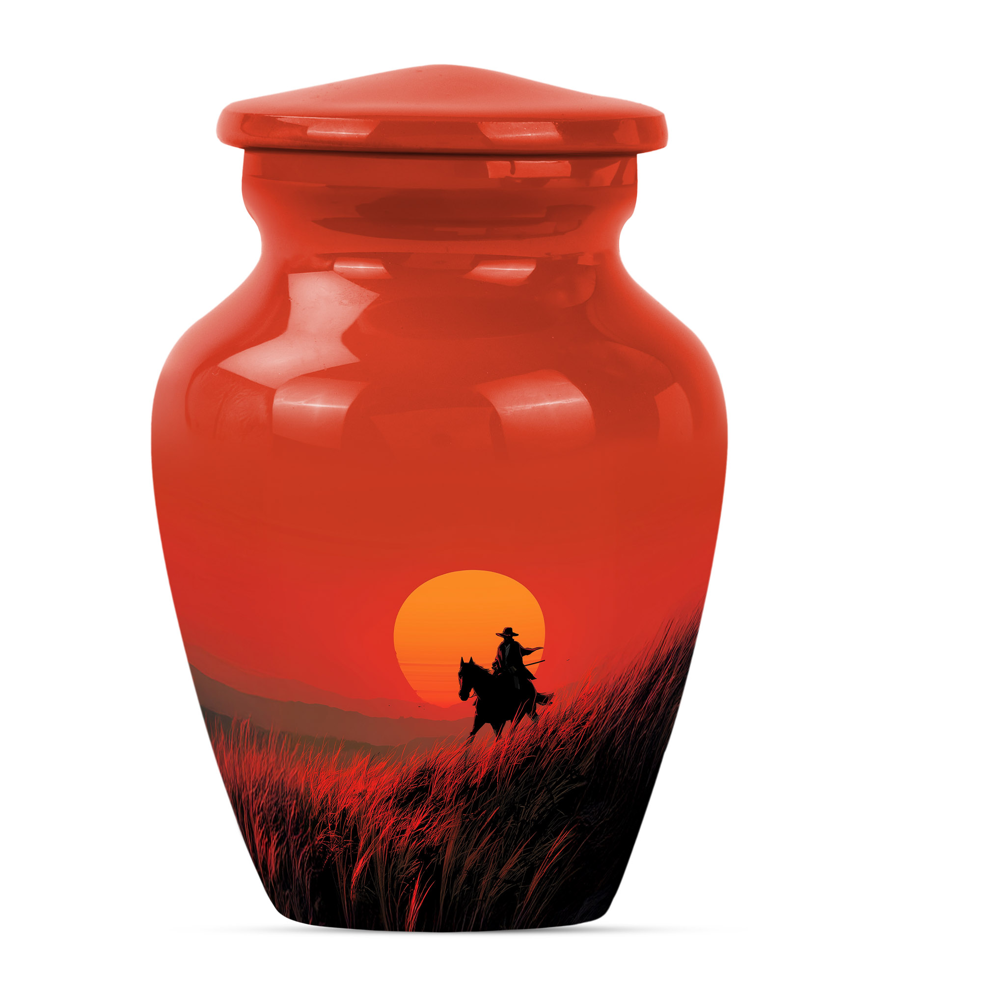 Sunset Cowboy Memorial Keepsake Urns For Ashes, Large Decorative Cremation Urns For Human Ashes Mom & Dad, Cremation Urns For Adult Women Ashes (Size-10 inch 1 Pc, 3 Inch 1pcs)