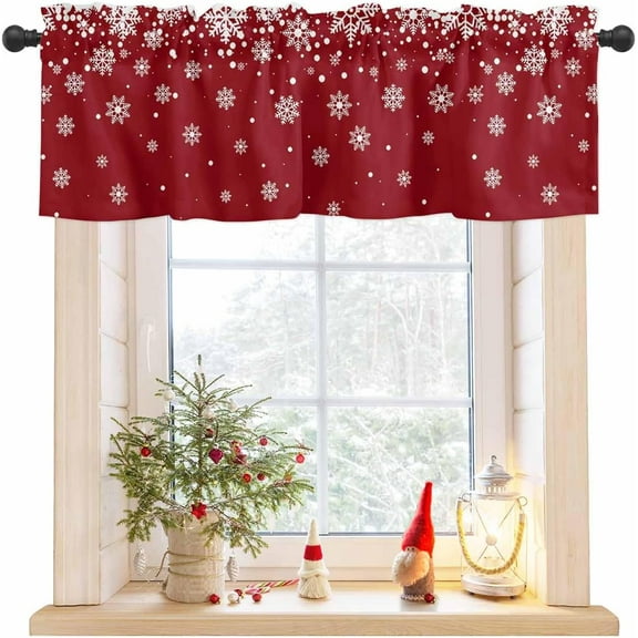 Christmas Curtain Valance for Windows Red Snowflake Kitchen Curtain Valances Xmas Snow Valance Curtains Window Treatments Short Curtains for Kitchen Living Room Bedroom Winter Holiday Decor 54x18