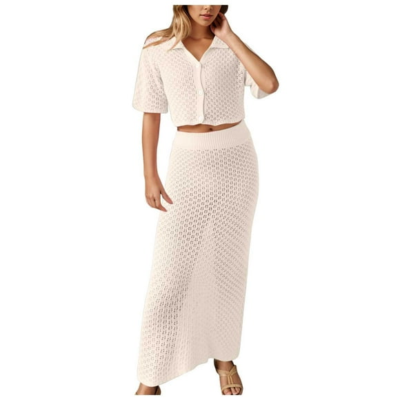 Fgnfyis New Knitted Crochet Flower Set Skirt Cardigan Buckle Skirt Suit Sets for Women 2 Pieces Beige S