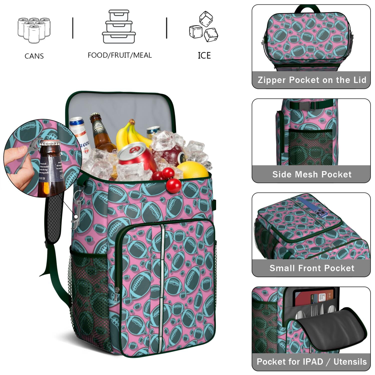 Travel Cooler Bag - Football Pattern Camping Beer Cooler Backpack with Bottle Opener- Waterproof Insulated Picnic Backpacks - Cooler Bag for Beach