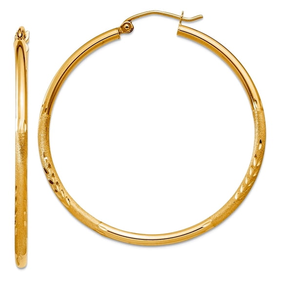 10k Solid Yellow Gold Satin and Sparkle-Cut 2mm Round Tube Hoop Earrings 40mm Long 2mm Thick Hoop Earring for Women