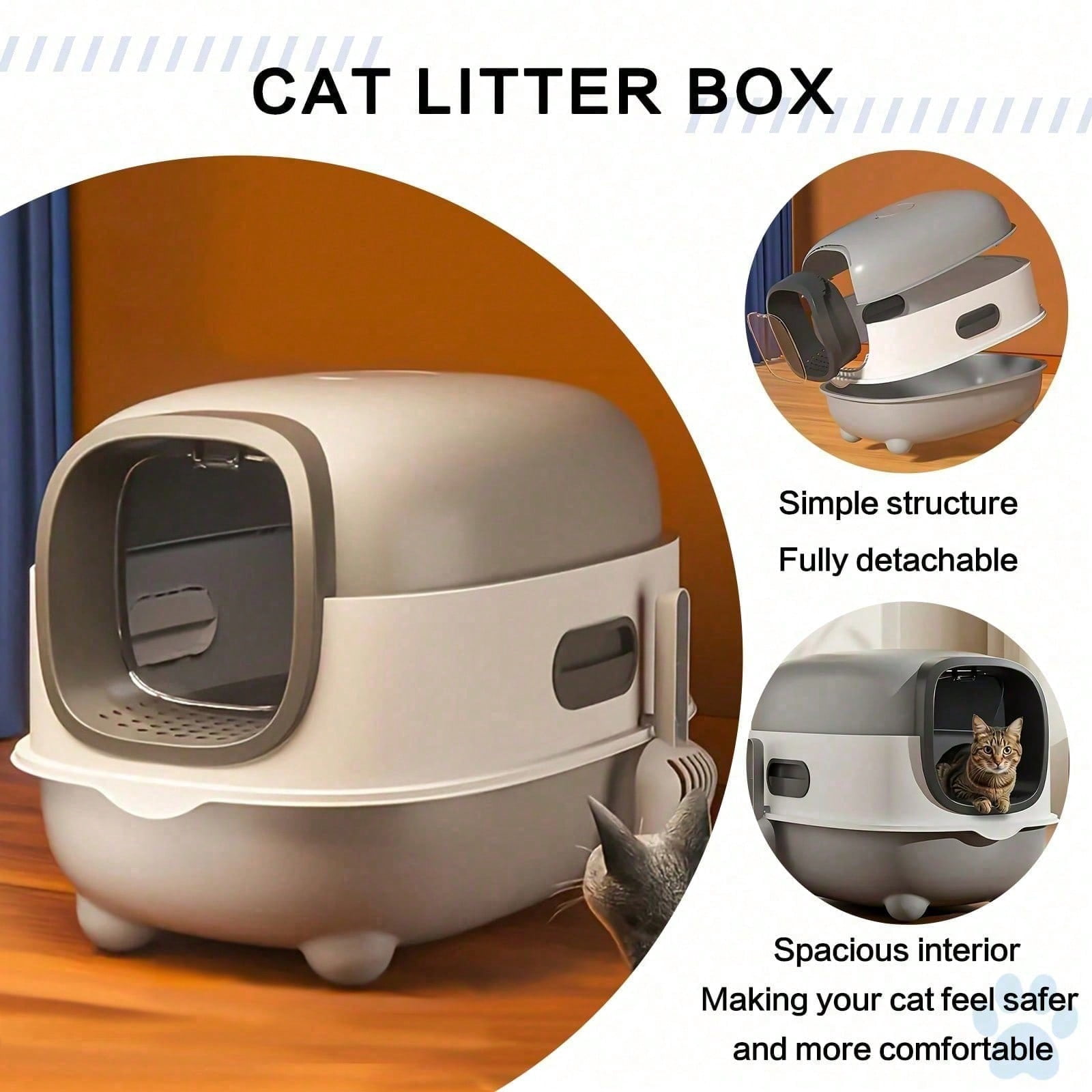 Detachable Cat Litter Box – Portable Enclosed Toilet with Lid & Scoop, Large Space Plastic Design for Easy Cleaning & Odor Control