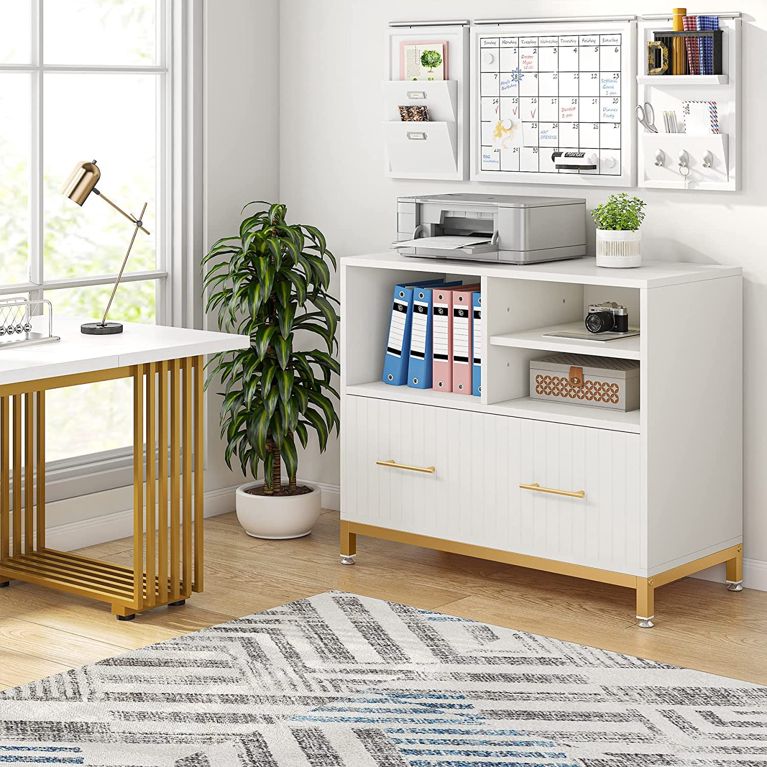 Lateral File Cabinet with Drawer, White Filing Cabinet with Adjustable Hanging Rod for Letter/Letter/A4 Size Files, 35.4" Wood Modern Printer Stand with Open Storage Spaces for Home Office