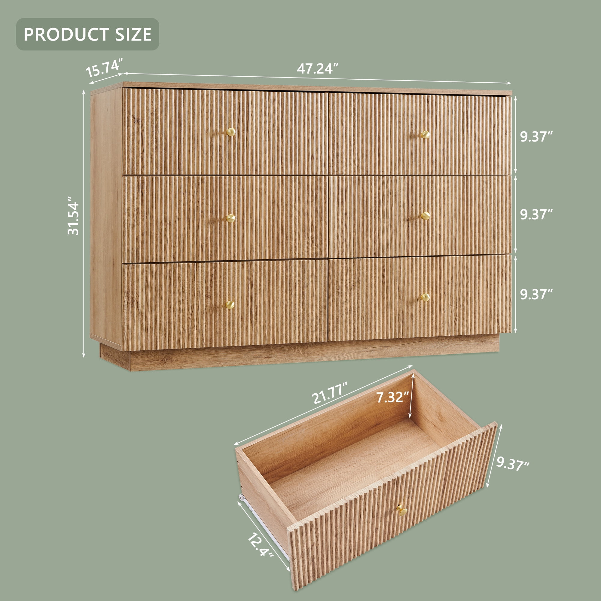 wow97e Fluted 6 Drawers Dresser for bedroom, Wood Chest of Drawers with Deep Storage, Tall Modern Bedroom Chest for Closet Hallway, Entryway, Living Room