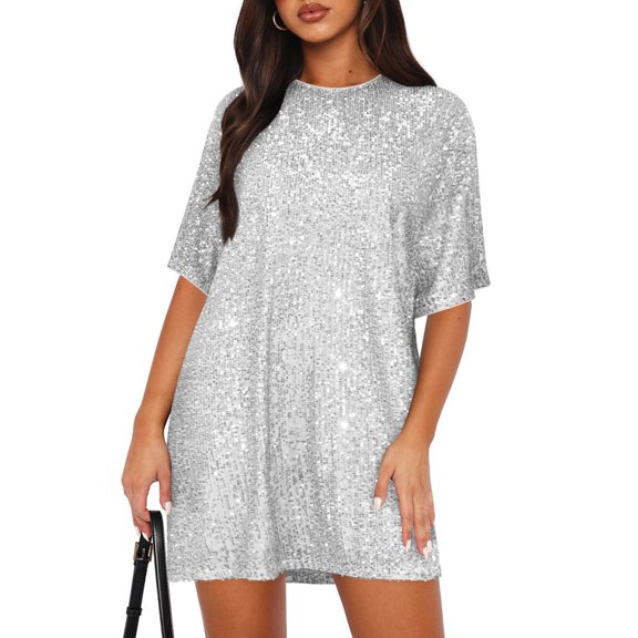 Women's Neck Dress for Women V Neck Shirt Dress Sparkly Half Sleeve Loose Party Club Cocktail Dress