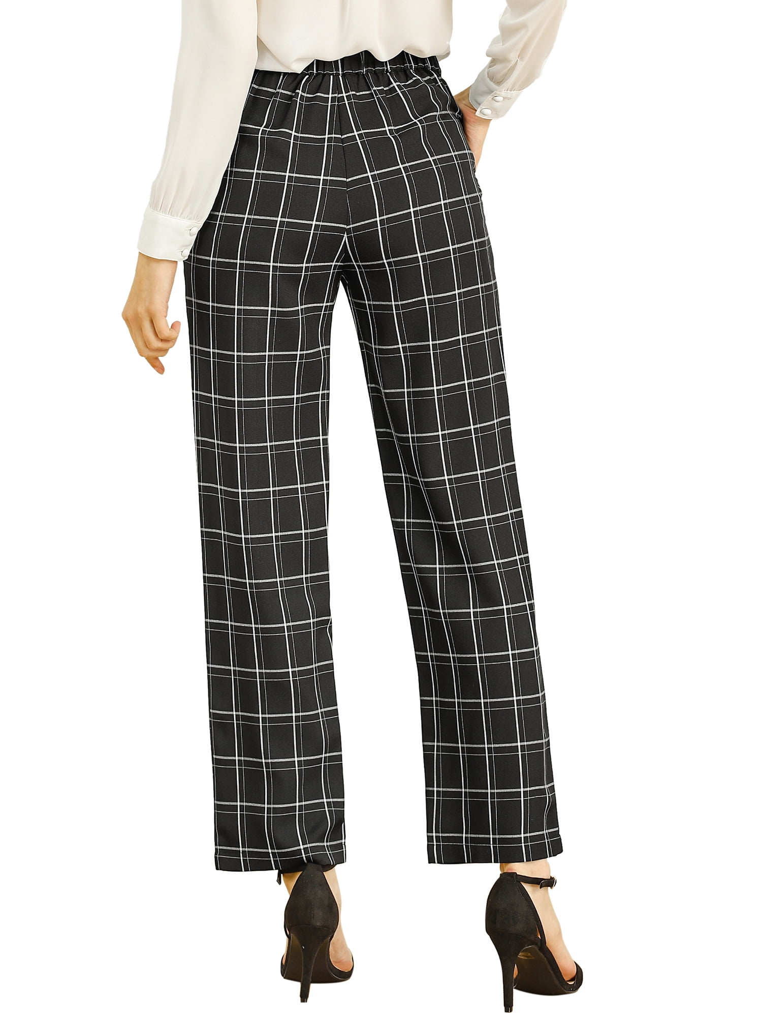 DARING DIVA Women's Plaid Trousers Pockets Straight Leg Casual Pant M Black