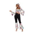 thumbnail image 3 of FASHOFT Adult 70s Vintage Disco Halloween Costumes White Graphic Top Pants Set Stage Performance Retro Theme Party Fancy Dress Up Halloween Costume XL, 3 of 8