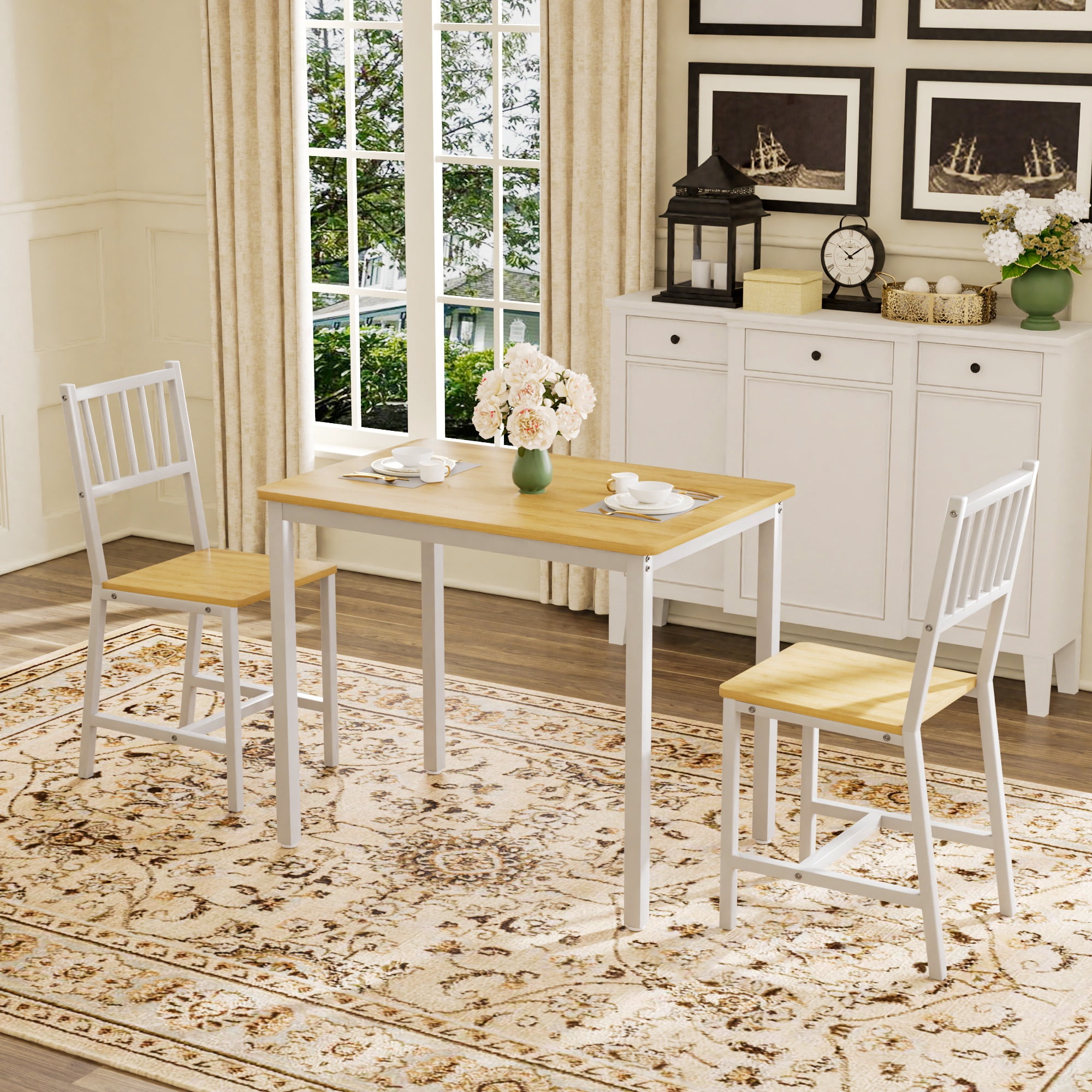 Dining Table Set for 4, Bar Table with 2 Benches, Industrial Kitchen Counter Set, Particle Board with Melamine Veneer, Steel Frame, for Kitchen Breakfast Living Room, Natural and White