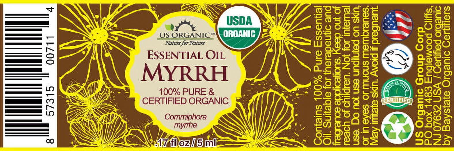 US Organic Myrrh Essential Oil, 100% Pure Certified USDA Organic