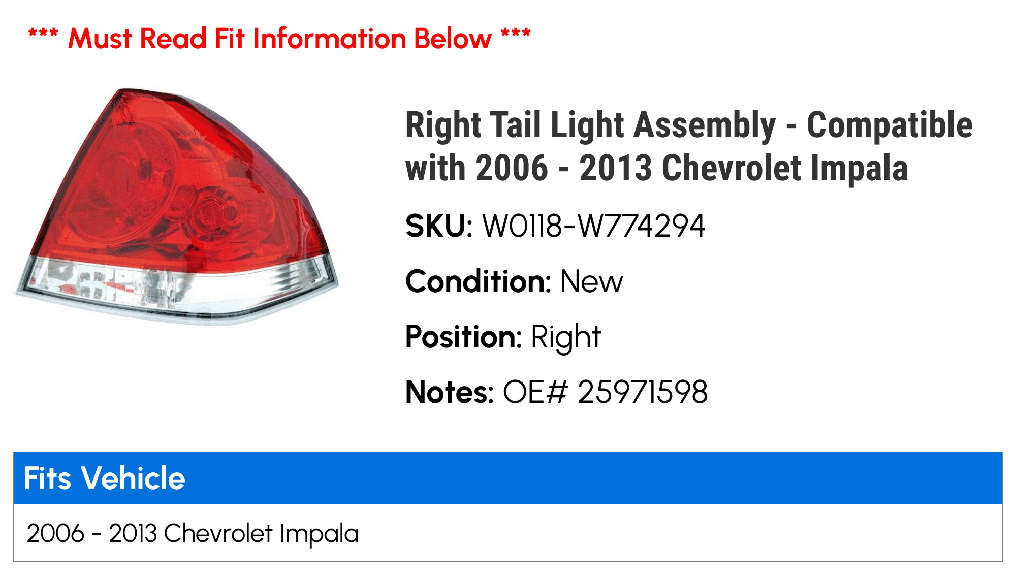 Right Passenger Side Tail Light Assembly - Compatible with 2006 - 2013 Chevy Impala 2007 2008 2009 2010 2011 2012