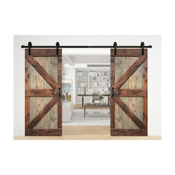 K Series 72in. X 84in. Brown/Walnut Finished DIY Knotty Pine Wood Double Sliding Barn Door With Hardware Kit