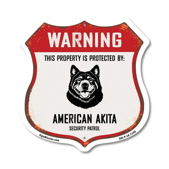 Warning This Property is Protected by American Akita 12 inch X 12 inch Shield-Shaped Rust-Free Aluminum Metal Sign Weather Resistant Made in the USA