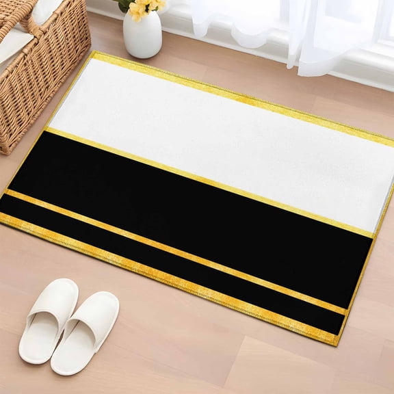 Modern Black Gold Entryway Rug 2'x3' Non Slip Front Door Mats, Minimalist Geometric Yellow Striped Entrance Rugs Indoor Outdoor Carpet, Washable Floor Mats Small Area Rug for Bedroom Kitchen