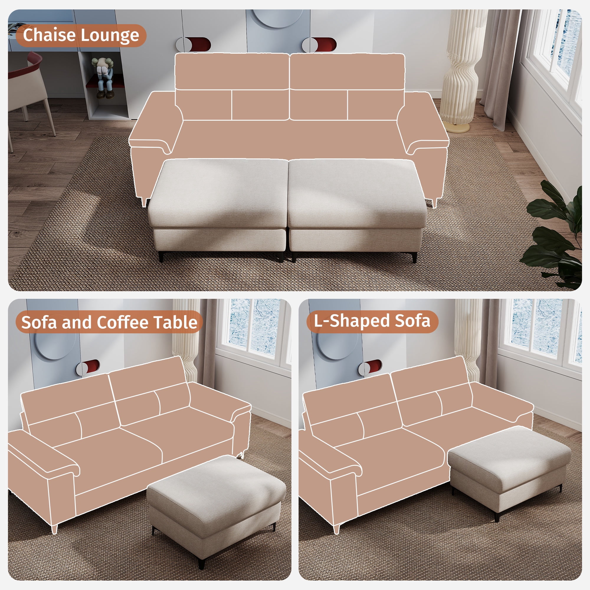 Modular Storage Ottoman for Sectional Sofa Chenille Upholstered Footrest Stool for Living Room Beige