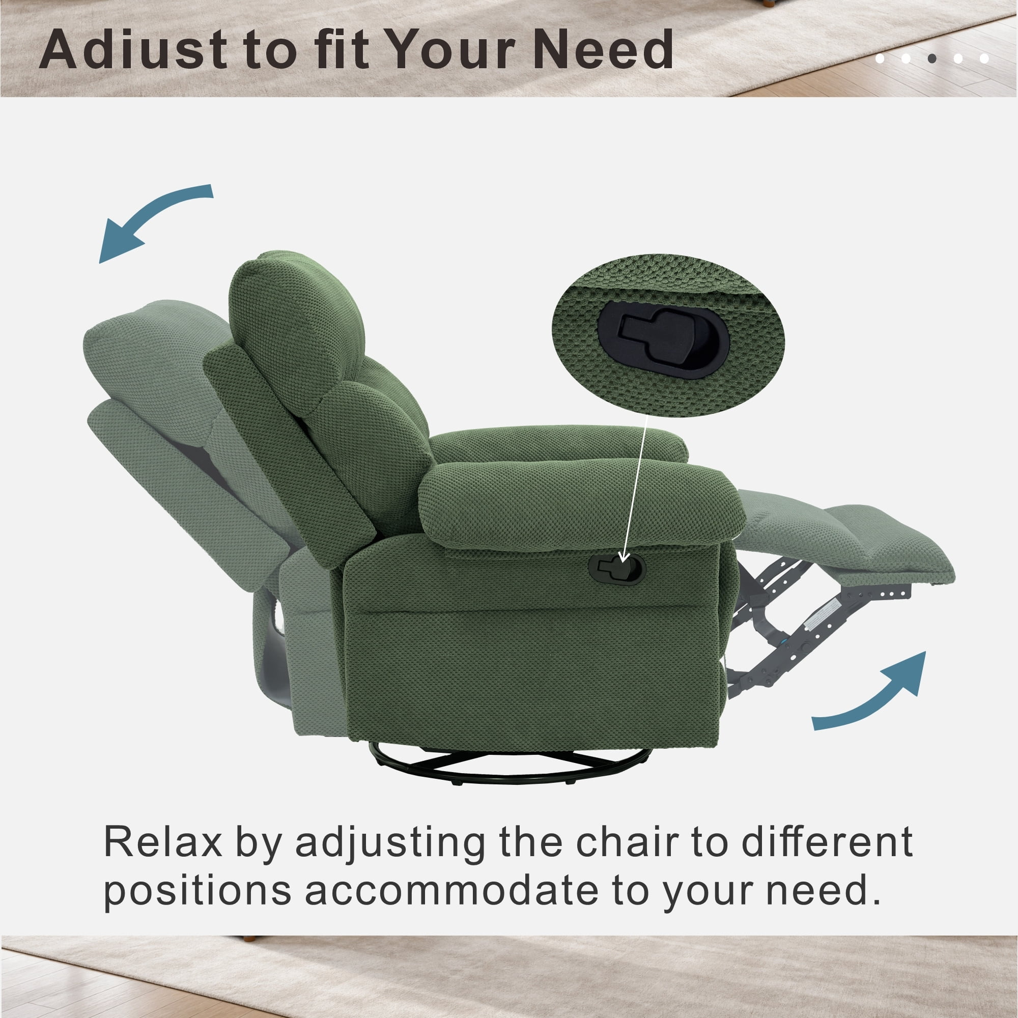 Leumius Swivel Rocker Recliner for Adults,360° Upholstered Glider Recliner Rocking Chair for Nursery,Manual Recliner Chair for Living Room, Bedroom,Dark Green
