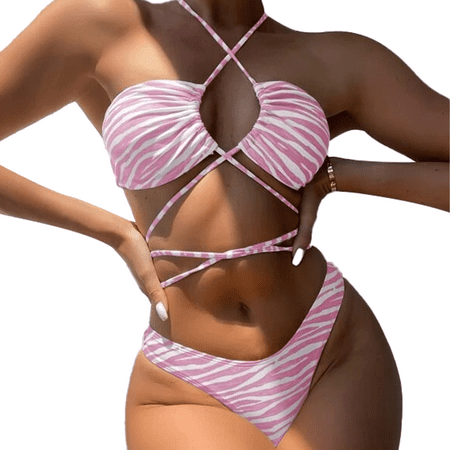 Women s Sexy Straps Halter Cross Front High Cut Thong 2 Pieces Bikini Set Swimsuit