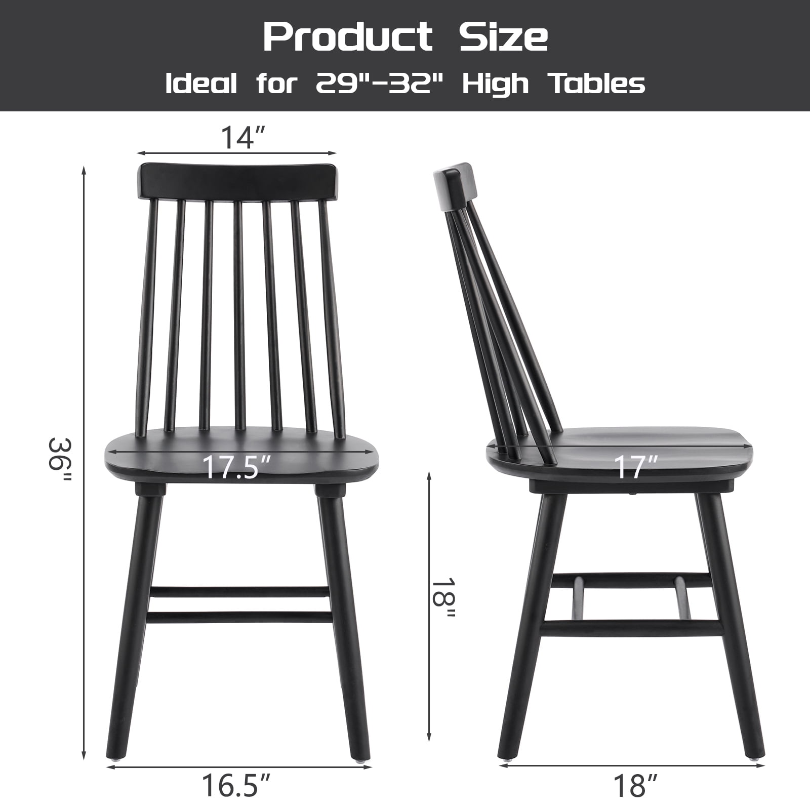 Farmhouse Wooden Dining Chairs Set of 2, Windsor Spindle Back Chair for Kitchen & Dining Room, Black
