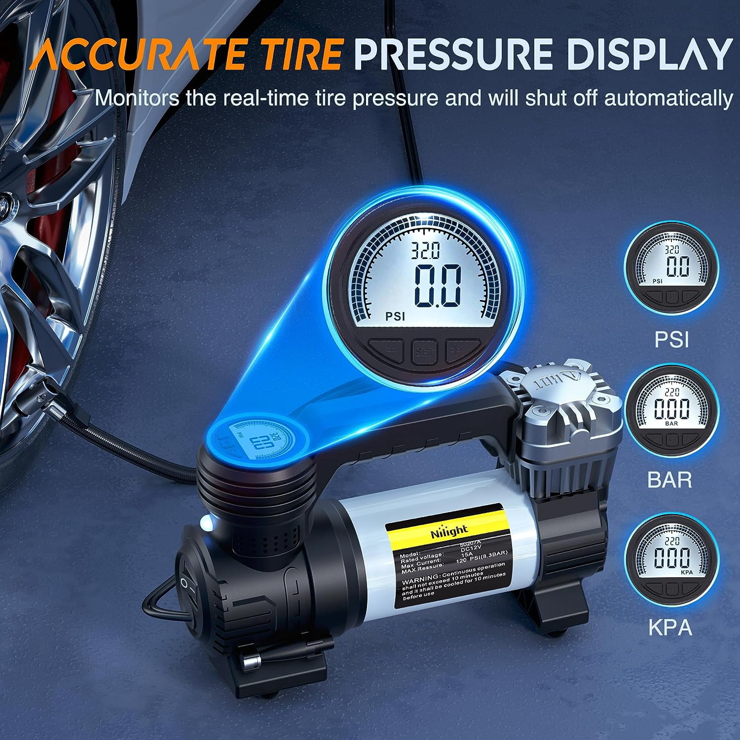 Nilight 12V DC Fast Inflation (30 L/min) Tire Inflator - Silver