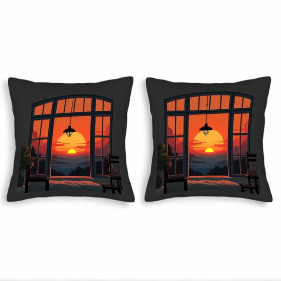 Set of 2 Decorative Throw Pillow Covers 18x18in - Vibrant Sunset Scene with Arched Window Design for Couch Bed Car
