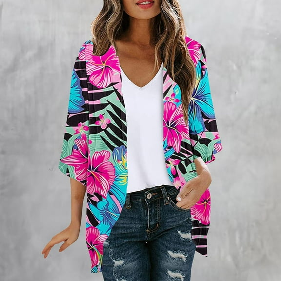 Dazajoo Womens 3/4 Sleeve Cardigans Lightweight Open Front Floral Print Shrugs 2024 Summer Casual Soft Draped Cardigans for Women,Multicolor,XXL